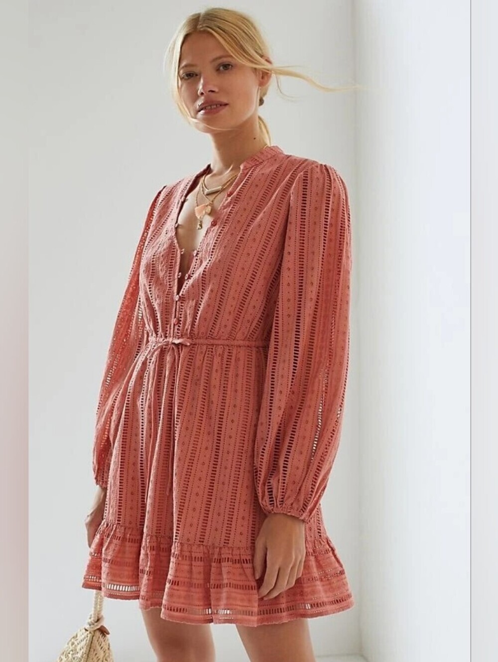 Forever That Girl Anthropologie Pink Cotton Eyelet Long Sleeve Boho Mini Dress